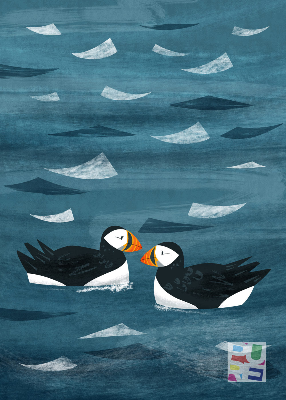 Ornithology illustration of Puffins by Cornwall artist Holly Astle represented by Pure Art Licensing & Illustration Agency