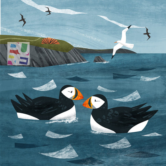 Puffins - Bird Illustration - Cornwall Bird Life - Romantic Couple Greeting Card Design for Art Licensing Agency - Pure Art Licensing