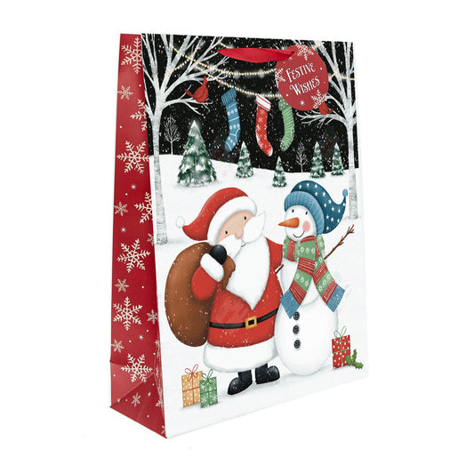 Gift Bag Mock Up of Santa and Snowman design by Anna Aitken for Pure Art Licensing Agency