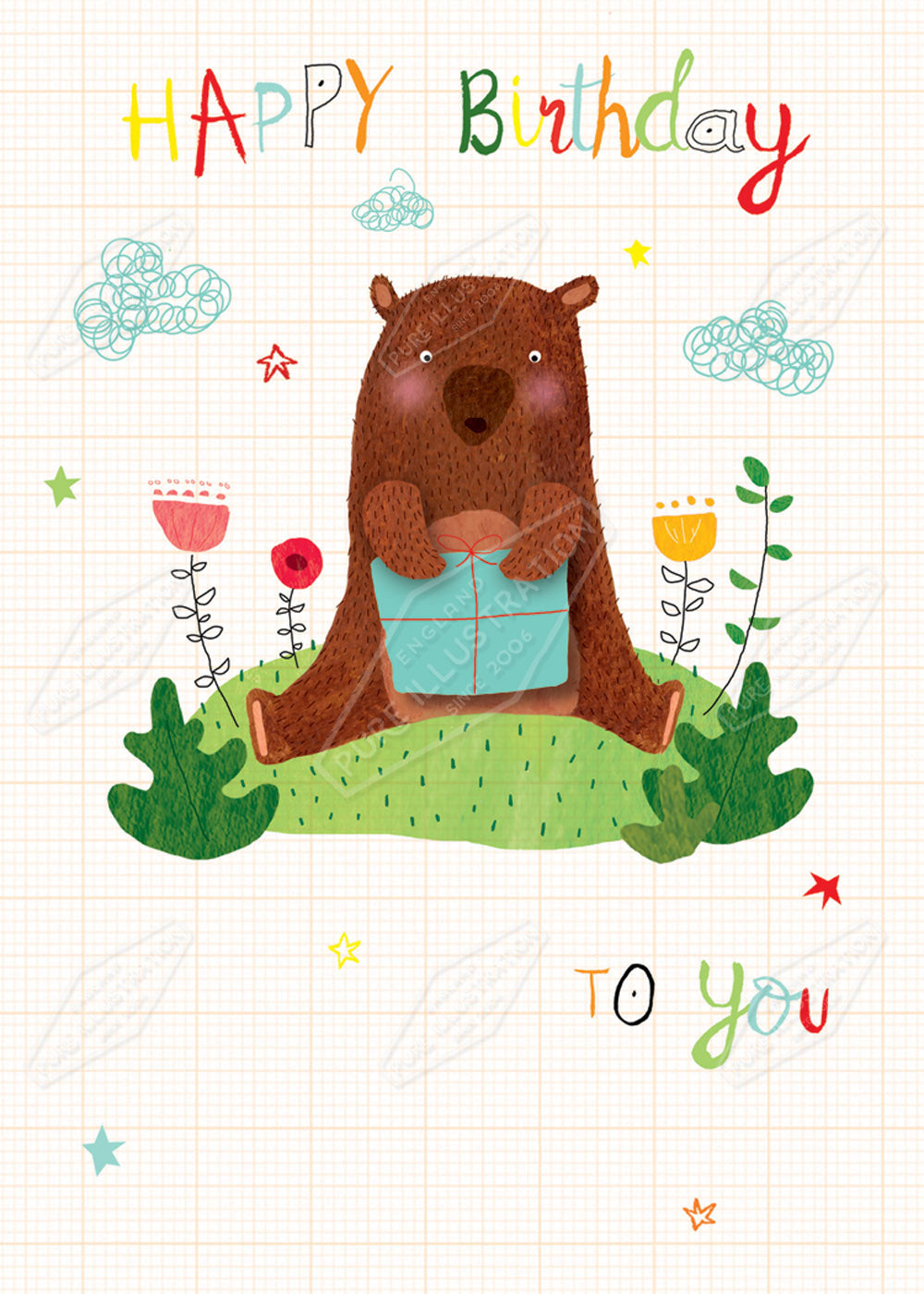 Cute Birthday Bear children's greeting card design by Cory Reid for Pure Art Licensing Agency