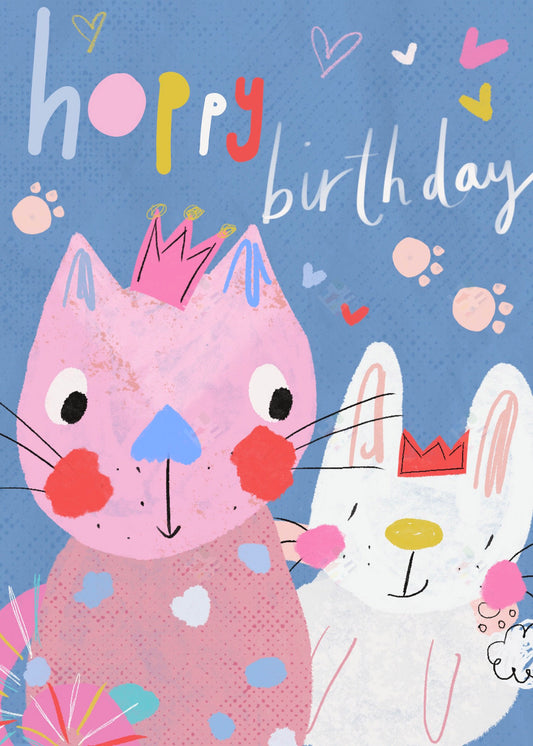 Hoppy Cat &amp; Bunny Birthday Greeting Card Design by Jodie Smith for Pure Art Licensing Agent