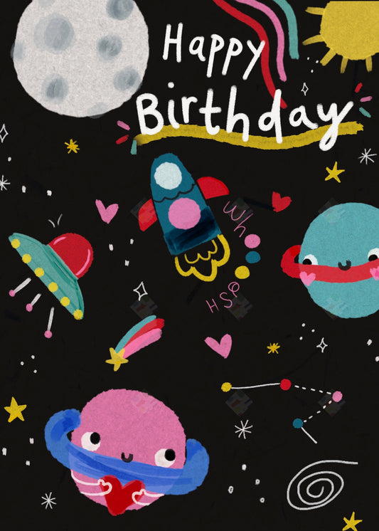 Happy Birthday Space Pattern Design by Jodie Smith for Pure Surface Pattern Studio