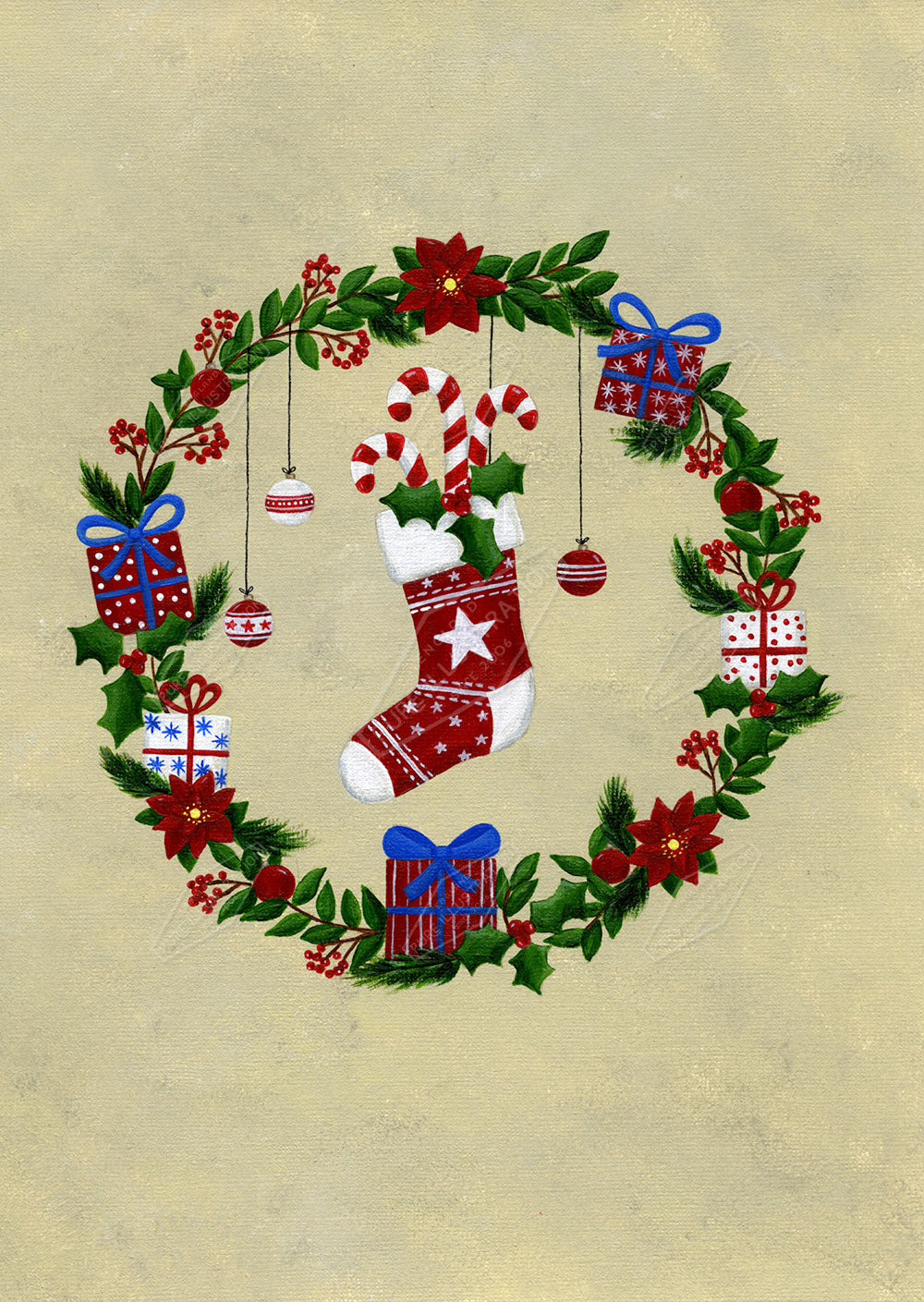 00027027AAI - Fold Wreath with Christmas Stocking by anna Aitken - Pure Art Licensing & Surface Design Agency