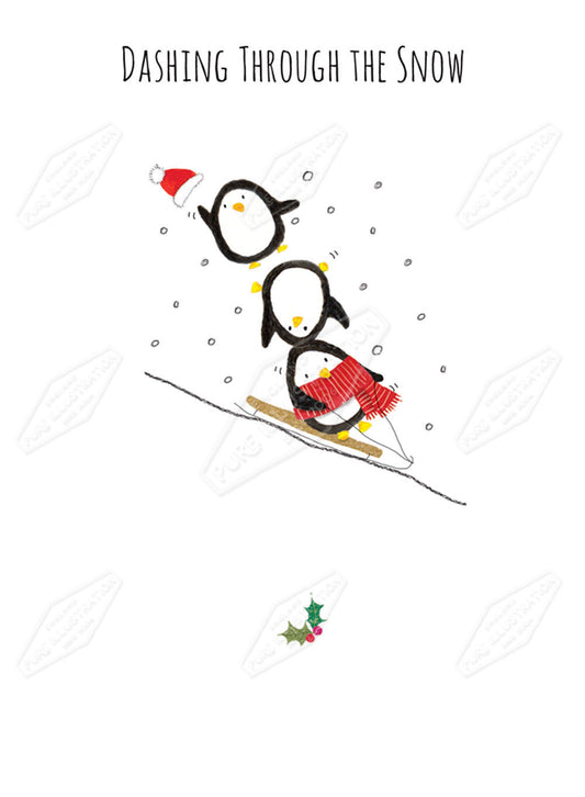 00029583CRE - Cute Sledging Penguins Chrsitmas Card Design by Cory Reid - Pure Art Licensing Agency & Surface Design Studio