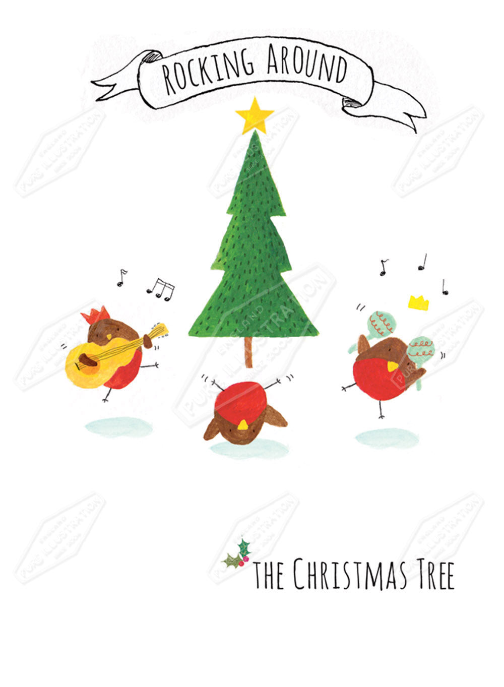00029607CRE - Rocking around the christmas tree Robins Christmas Illustration for Greeting Cards by Cory Reid for Pure Art Licensing Agency