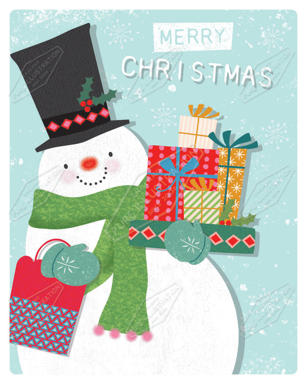 Snowman and Gifts Christmas Design by Gill Eggleston for Pure Art Licensing Agency & Surface Design Studio