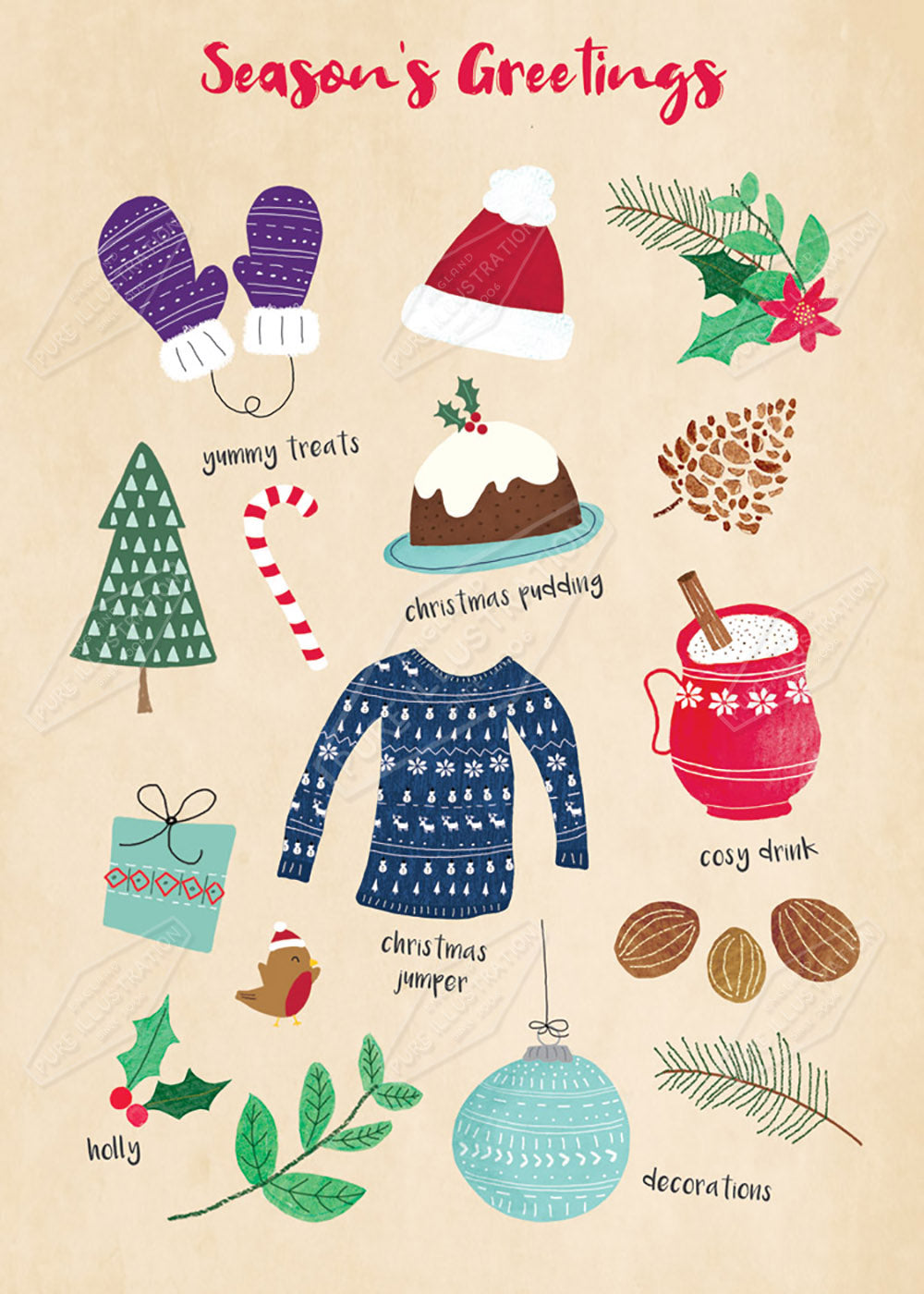 Seasons Greetings Icons Illustration by Cory Reid for Pure Art Licensing Agency & Surface Design Studio