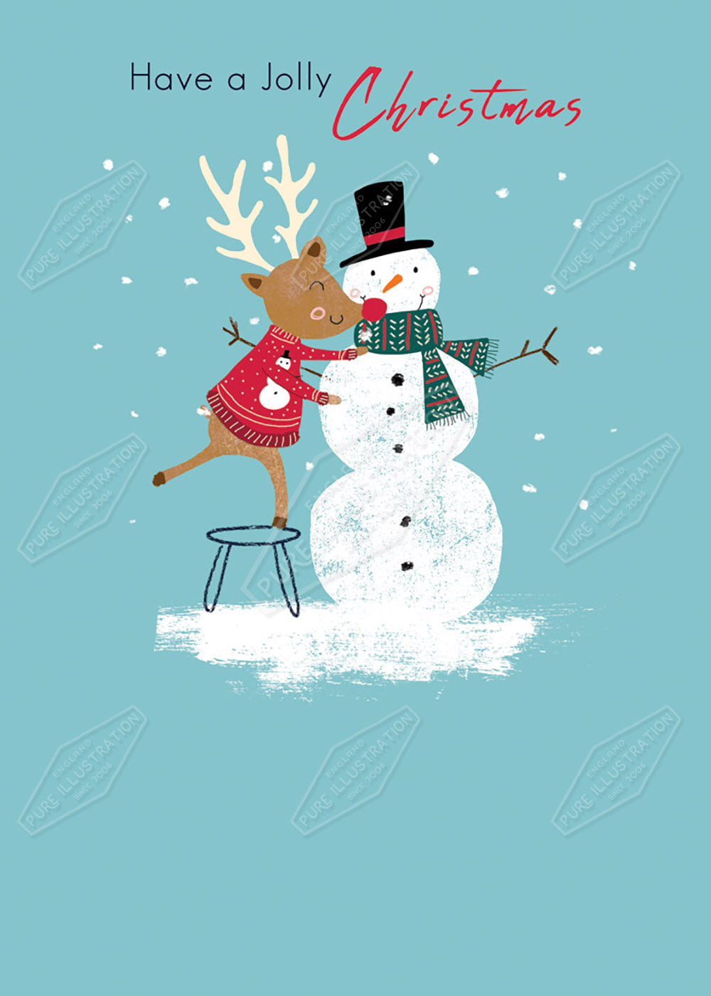 Reindeer Dressing Snowman Greeting Card Design by Cory Reid for Pure Art Licensing Agency & Surface Design Studio