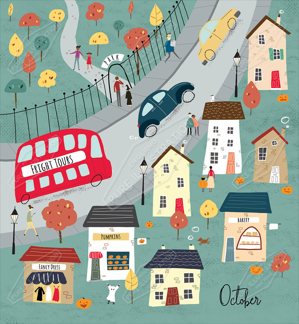 Autumn Town Greeting Card Design by Cory Reid for Pure Art Licensing & Surface Design Agency & Surface Design Studio