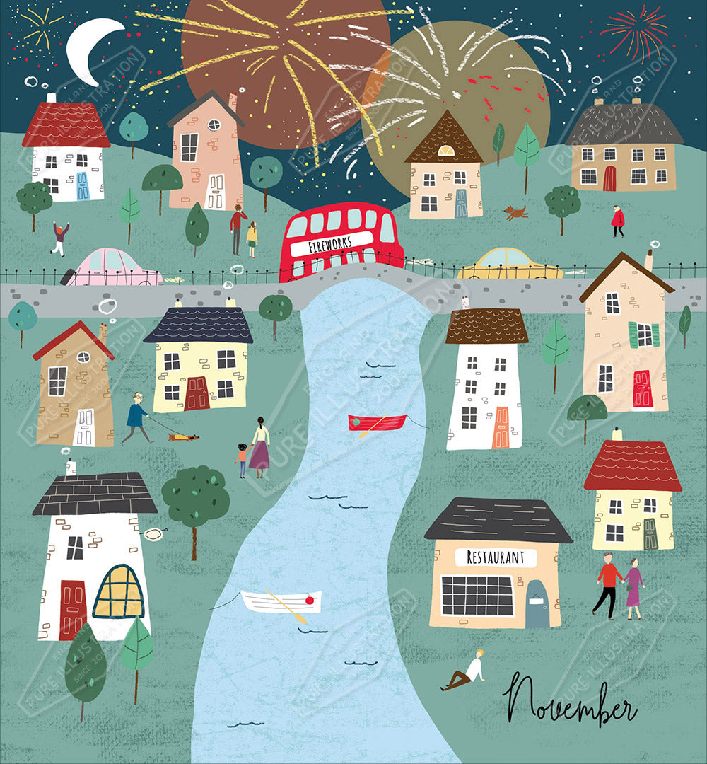 New Year Town Greeting Card Design by Cory Reid for Pure Art Licensing & Surface Design Agency