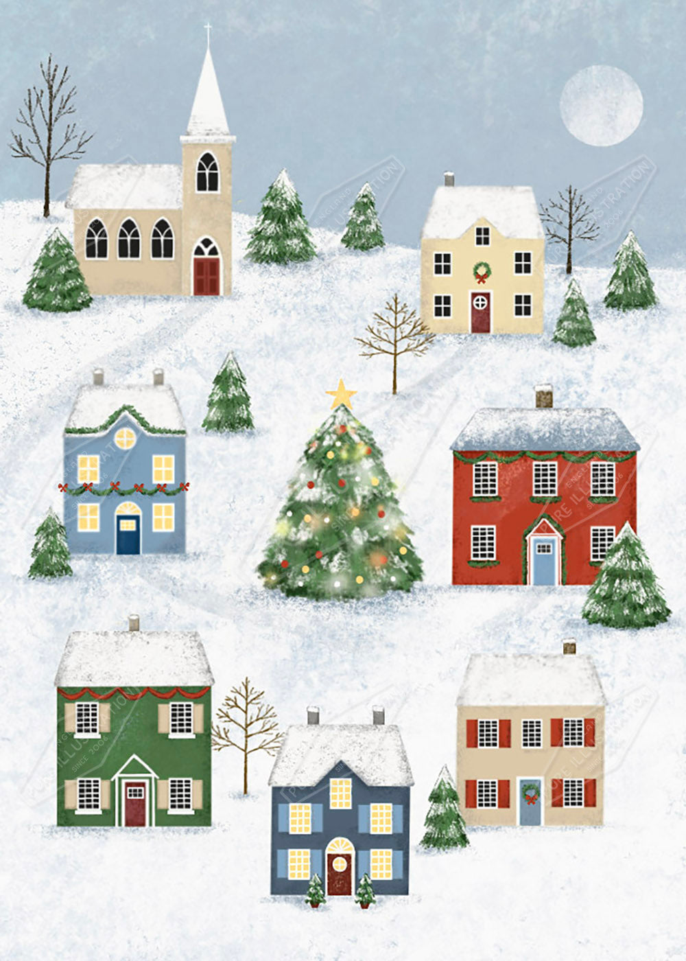 00034404AAI - Pure Art Licensing Agents - Winter Village Scene Greeting Card Design