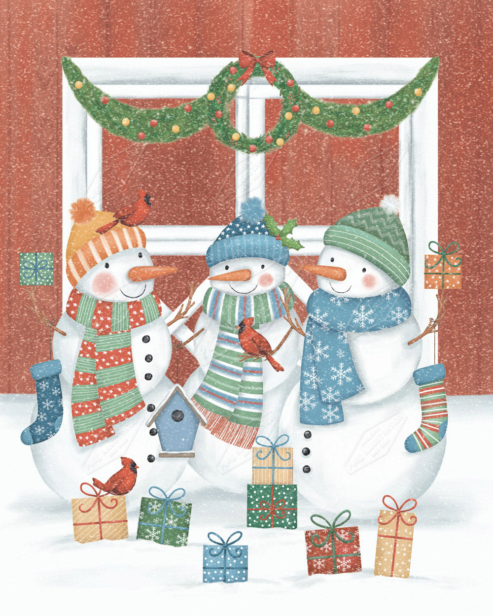 00035473AAI - Snowmen and Red Barn Design for Greeting Cards & Gift Bags - Anna Aitken is represented by Pure Art Licensing Agency - Christmas Greeting Card